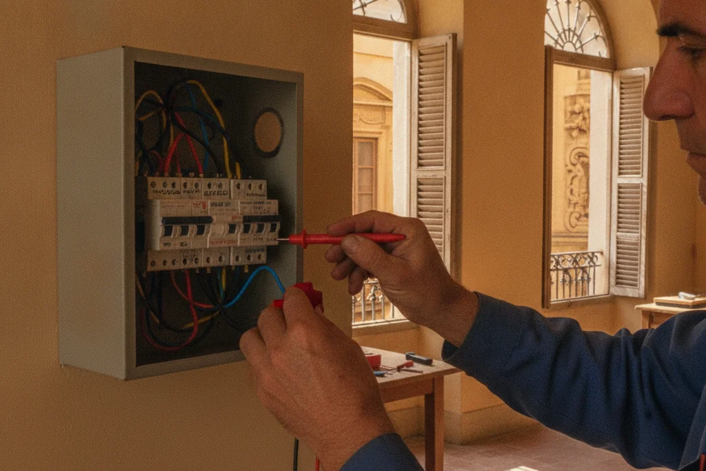 Elettricista al lavoro su quadro elettrico a Palermo