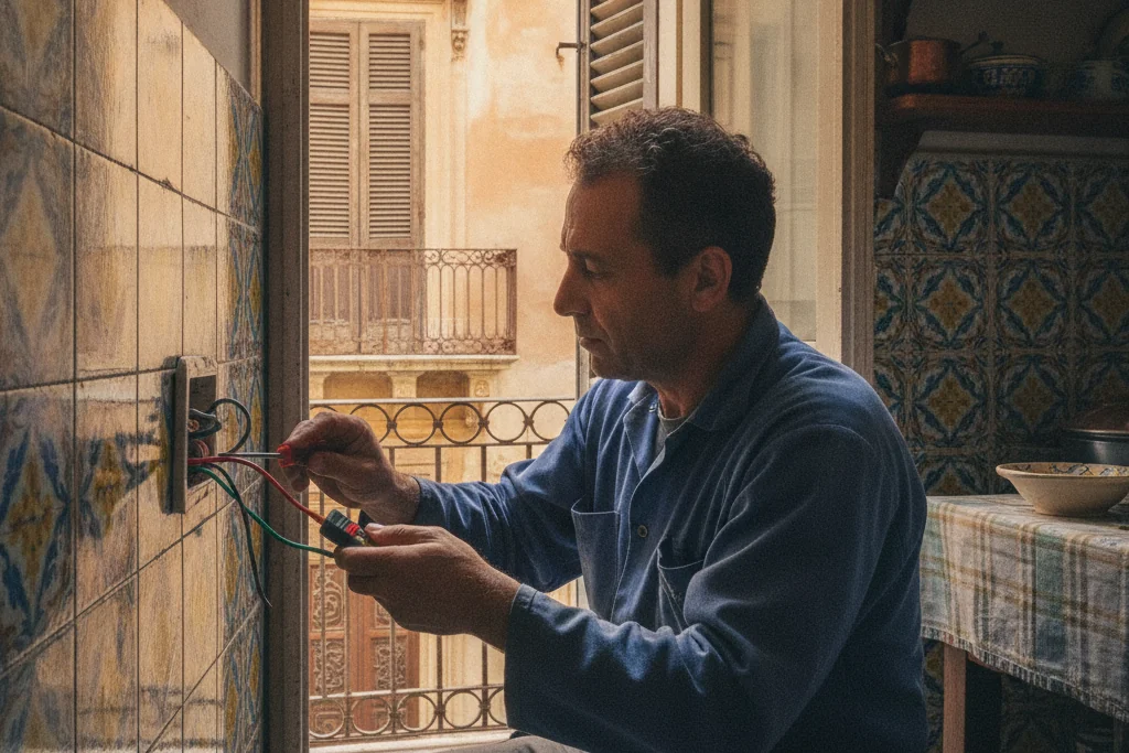 Mani di elettricista che riparano un cablaggio